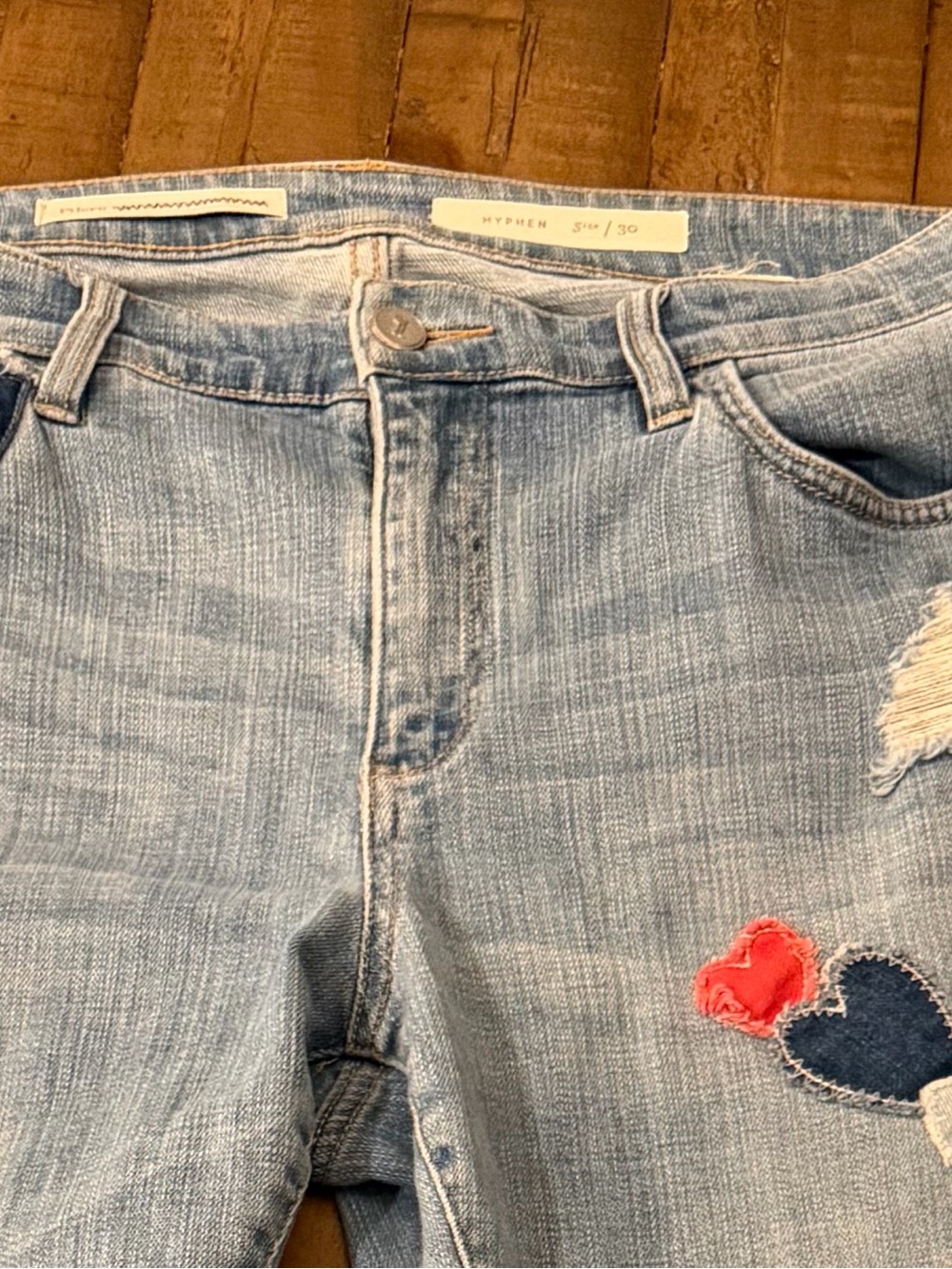 Pilcro Light Blue Straight-Leg Jeans with Multi-Heart Patches
